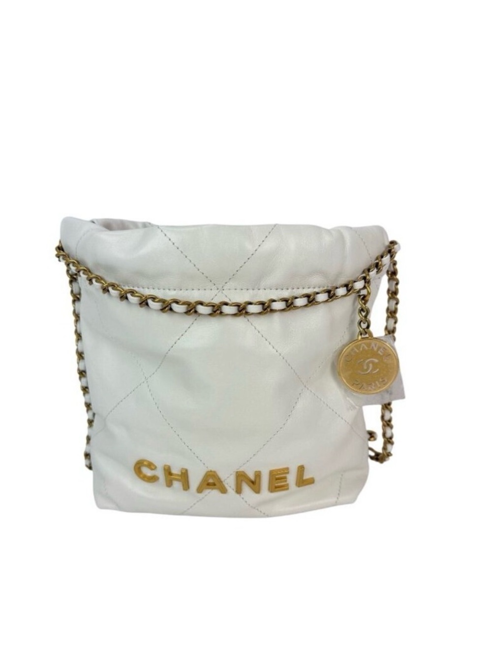 CHANEL mini 22 hobo White Quilted Leather Bag with Gold Chain & Logo Medallion